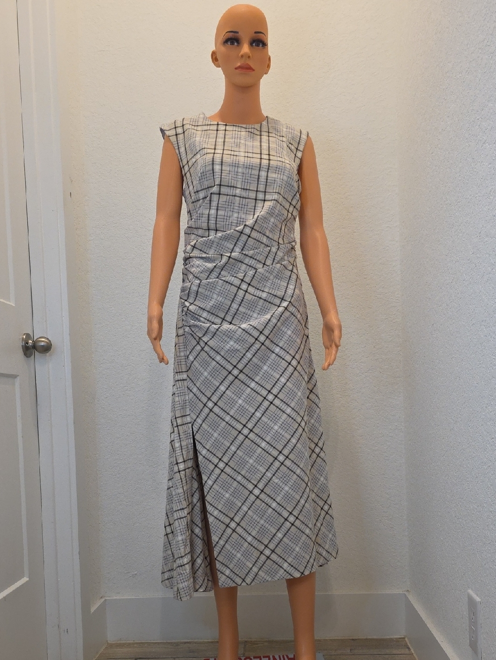 Checked Gray and White Midi Skirt with Side Drape Size 8